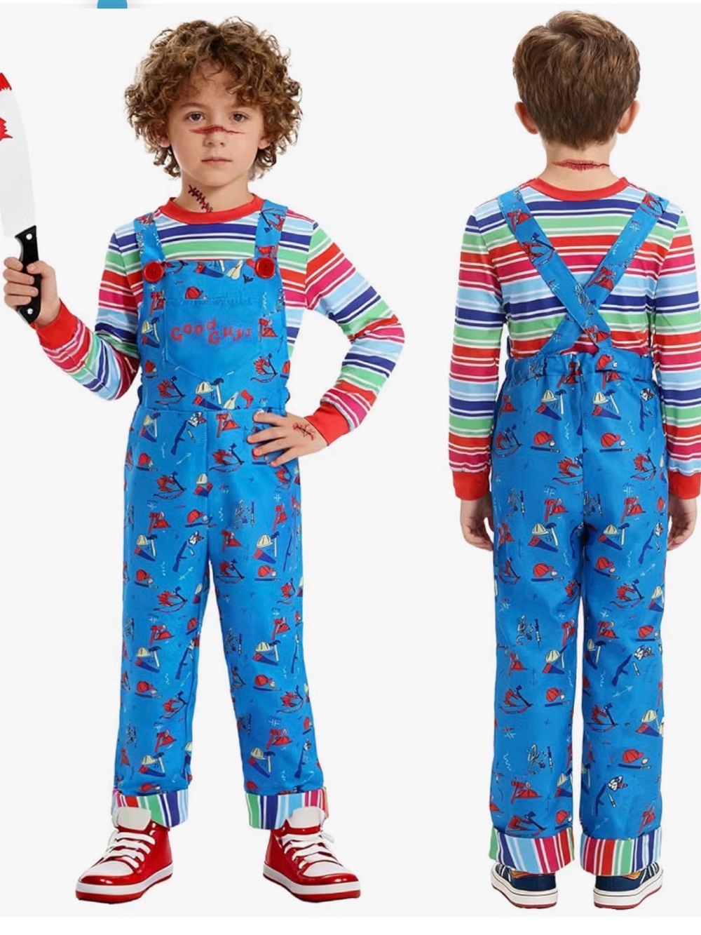 Kids 7-8 4Pcs Scary Halloween Costumes, Rainbow Striped Shirt, Blue Overalls,